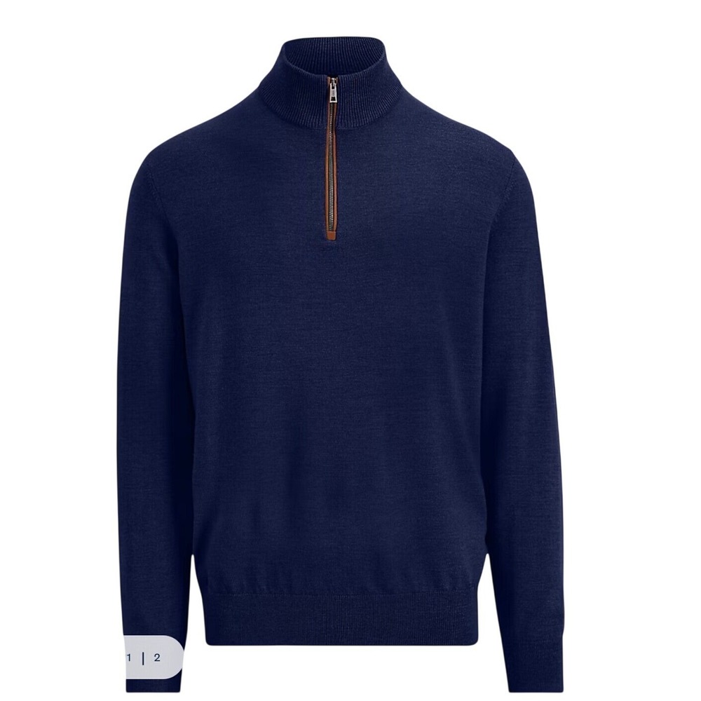 Handsome Bloomingdales Navy 100% Cashmere Quarter Zip Suede Trim Sweater L